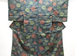 アンティーク　花唐草模様織り出し十日町紬着物